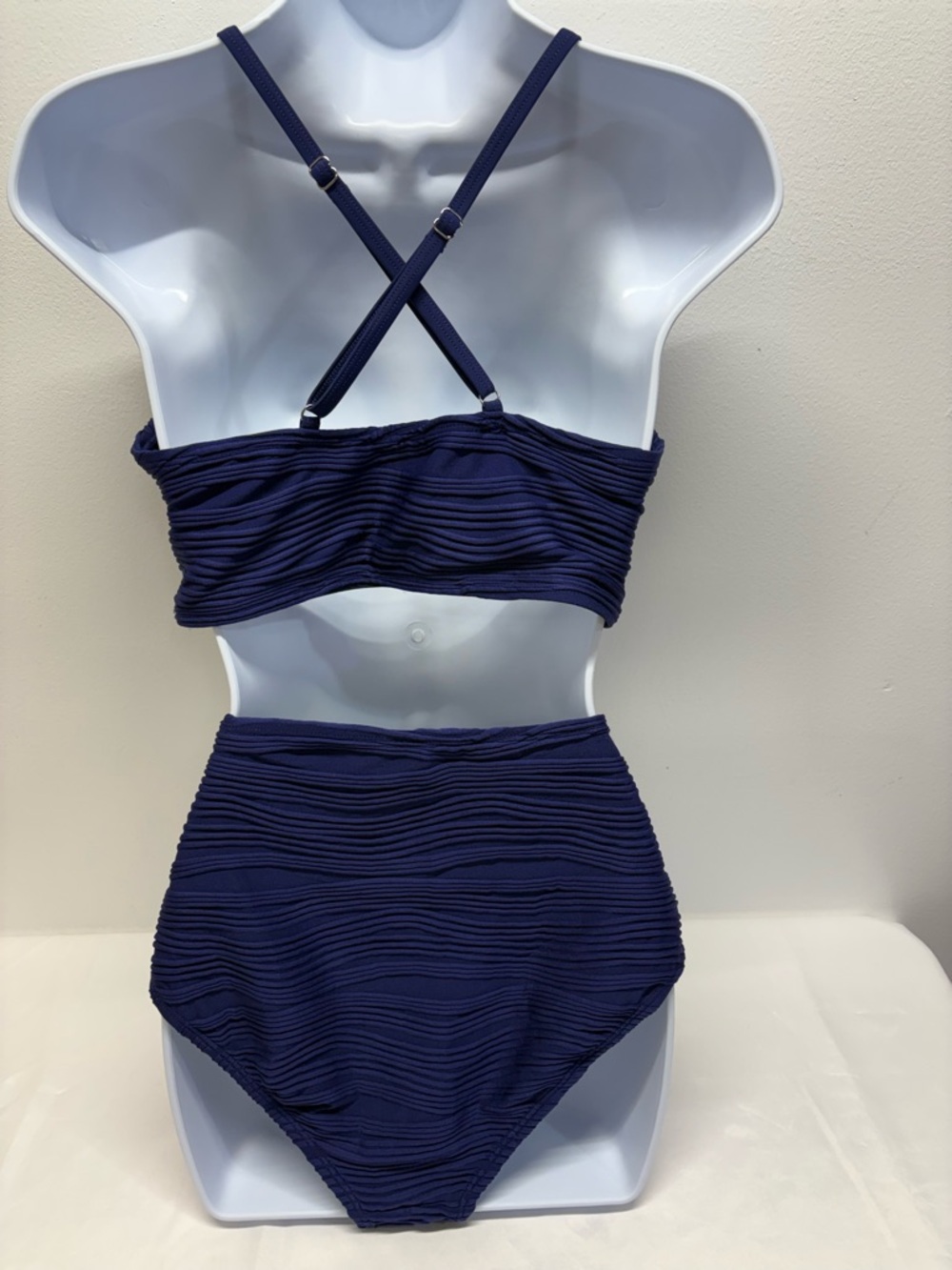 Navy Textured High-Waist Bikini Set with U-wire Detail cut out swimsuit Large - Picture 3 of 8